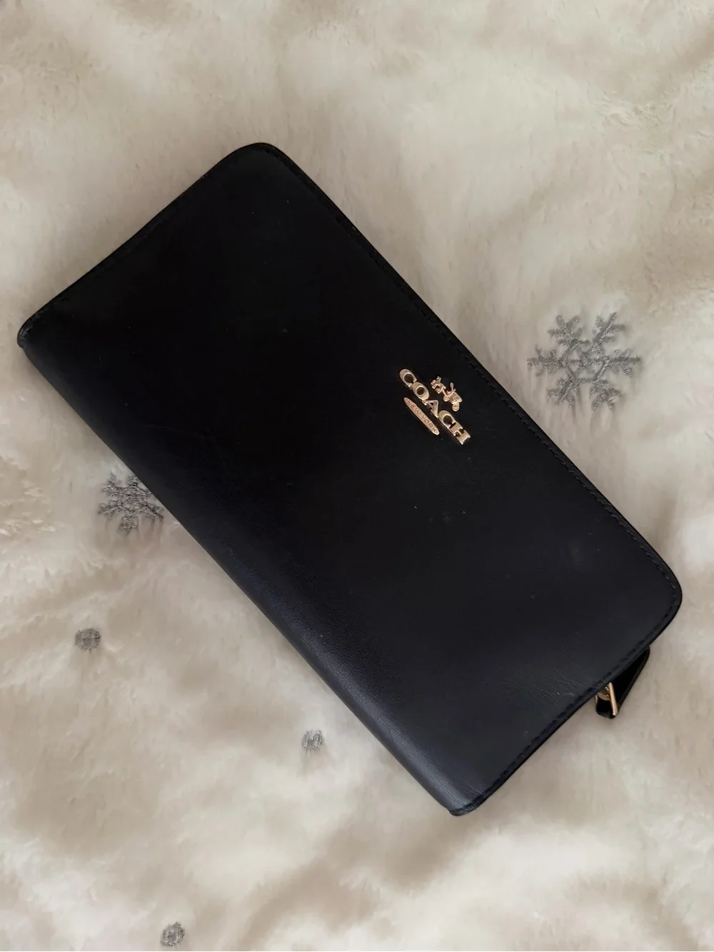 Coach Dark Navy Blue Leather Zip-Around Wallet with Gold Logo